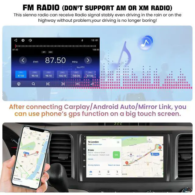Alt view image 6 of 6 - Car Radio Stereo for Toyota Sienna 2011-2014 Without JBL Sound System, Support Wireless Carplay/Android Auto/Mirrorlink, 9 Inch QLED Touchscreen with Bluetooth,FM Radio,DSP