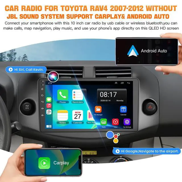 Alt view image 3 of 6 - Car Radio Stereo for Toyota RAV4 2007-2012 Without JBL Sound System, Support Wireless Carplay/Android Auto/Mirrorlink, 10 Inch QLED Touchscreen with Bluetooth,FM Radio
