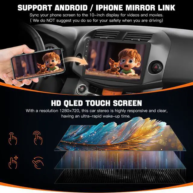 Alt view image 4 of 6 - Car Radio Stereo for Toyota RAV4 2007-2012 Without JBL Sound System, Support Wireless Carplay/Android Auto/Mirrorlink, 10 Inch QLED Touchscreen with Bluetooth,FM Radio