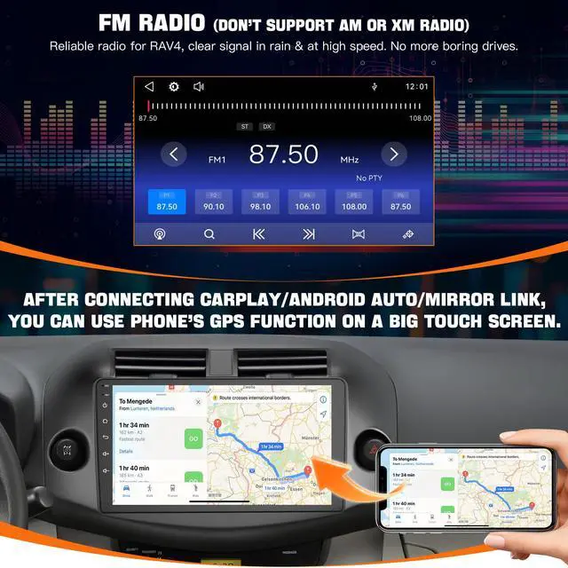 Alt view image 6 of 6 - Car Radio Stereo for Toyota RAV4 2007-2012 Without JBL Sound System, Support Wireless Carplay/Android Auto/Mirrorlink, 10 Inch QLED Touchscreen with Bluetooth,FM Radio