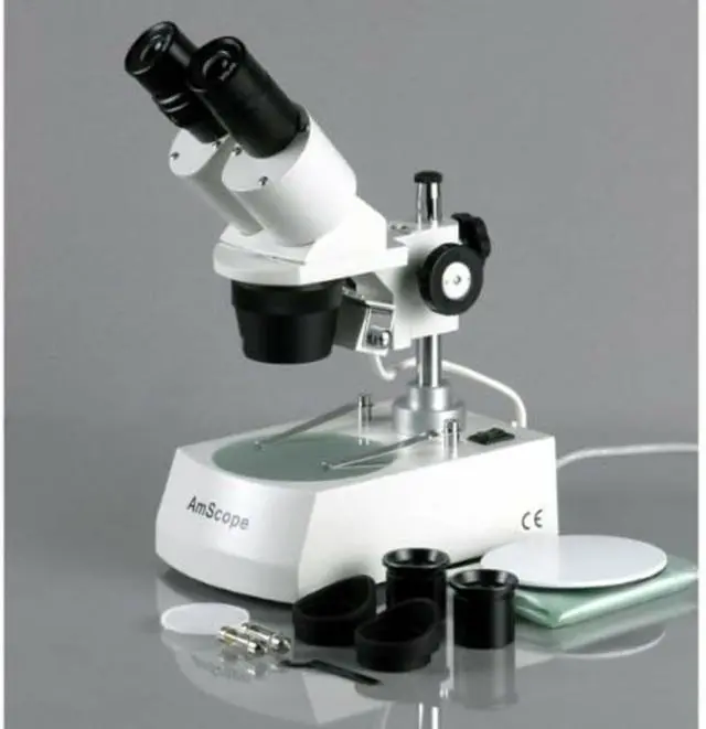 Alt view image 4 of 5 - SE305R-PZ Forward Binocular Stereo Microscope, WF10x and WF20x Eyepieces, 10X-60X Magnification, 1X and 3X Objectives, Upper and Lower Halogen Light Source, Pillar Stand, 120V, White