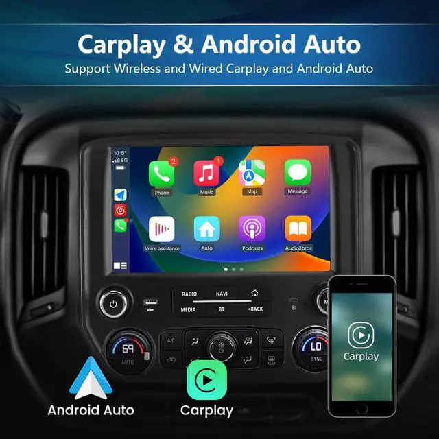 Alt view image 3 of 6 - 4+64G Car Radio Stereo for Chevy Silverado GMC Sierra 2014-2018 Android 13 Wireless CarPlay Android Auto Bluetooth GPS Navigation