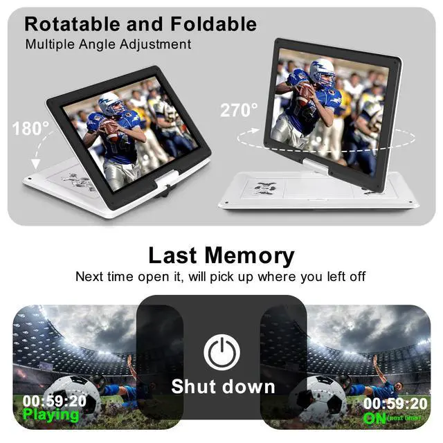 Alt view image 3 of 6 - 17.9" Portable DVD Player with 15.6 Large HD Screen, 6Hrs Play, DVD Player Portable with Dual Speaker, Last Memory, Support SYNC TV/USB/SD Card, Play All Discs Format Except Blu-ray, White