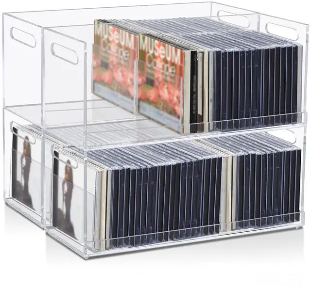 Main image of 4 Pcs Acrylic Cd Storage Box, Clear Acrylic Stackable Cd Holder Racks with Cutout Carrying Handles, Organizer Shelf for Media, Movie Cases, Dvds Organizer