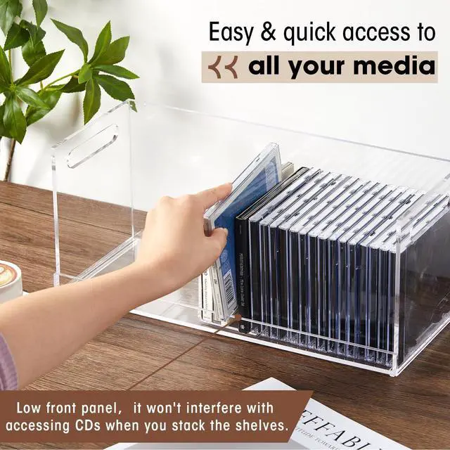 Alt view image 4 of 6 - 4 Pcs Acrylic Cd Storage Box, Clear Acrylic Stackable Cd Holder Racks with Cutout Carrying Handles, Organizer Shelf for Media, Movie Cases, Dvds Organizer