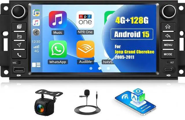 Main image of 4+128G Car Radio Stereo for Jeep Grand Cherokee 2005-2011, 7" IPS Touch Screen Head Unit with Android 15 CarPlay Android Auto GPS Navigation Bluetooth FM Type-C HD Backup Camera