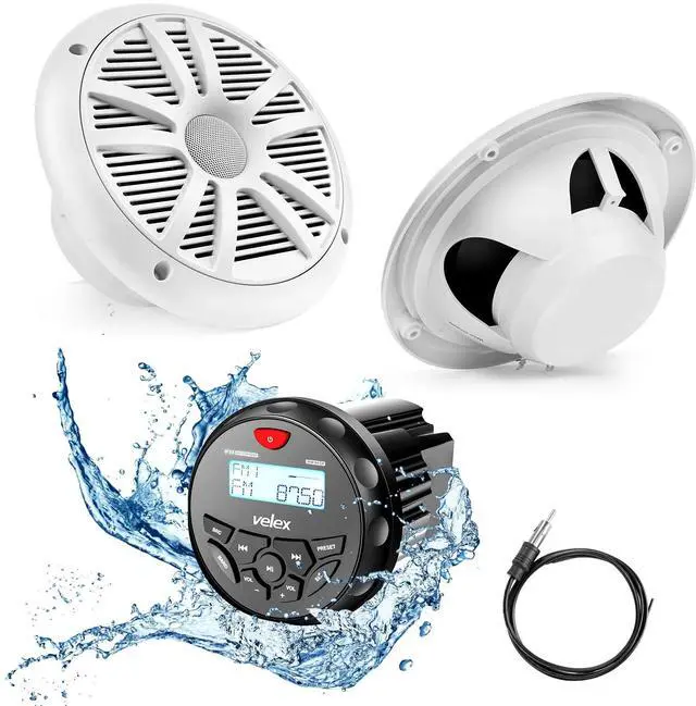 Main image of Marine Audio System Stereo Speaker Package, Bluetooth, MP3 USB AM FM Marine Stereo - 2 x 6.5 Inch White Speakers, Antenna