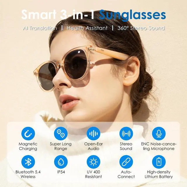 Alt view image 2 of 6 - Smart Glasses - Translucent Beige Frames, 100% UV & Glare Protection. Bluetooth AI Music Glasses for Men & Women with Polarized Lenses, AI Translator, 11H Battery Life, for Travel & Daily