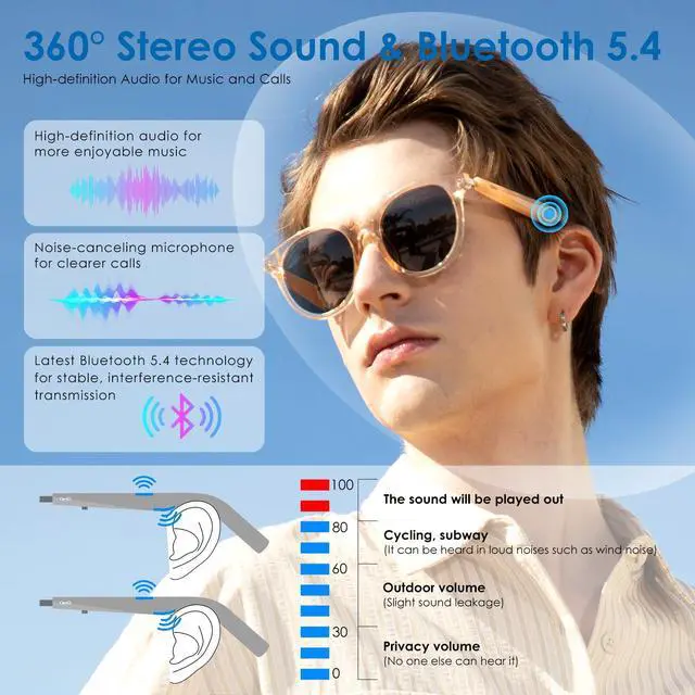 Alt view image 4 of 6 - Smart Glasses - Translucent Beige Frames, 100% UV & Glare Protection. Bluetooth AI Music Glasses for Men & Women with Polarized Lenses, AI Translator, 11H Battery Life, for Travel & Daily