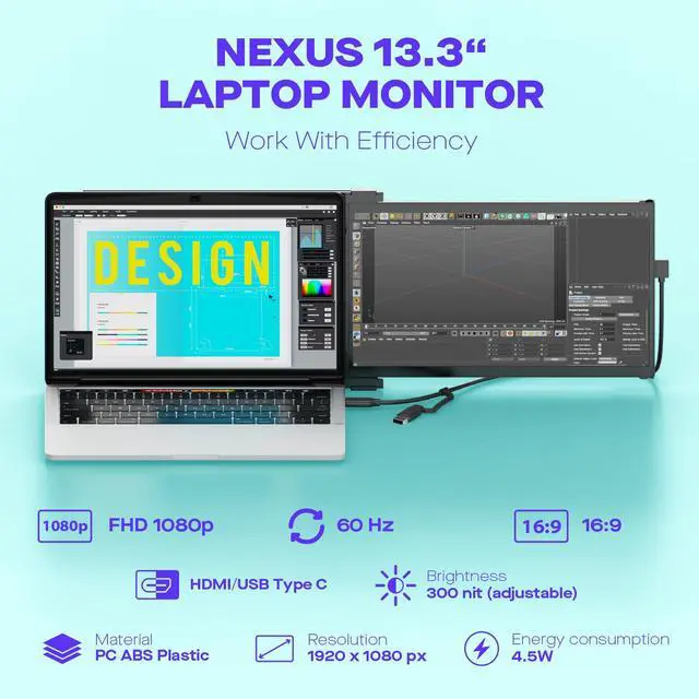 Alt view image 2 of 6 - New Mobile Pixels 13.3" Portable Laptop Monitor, USB Type-C/USBA/HDMI Plug and Play Laptops Screen Extender, Ultra-Thin FHD 1080P Monitor, Compatible with Windows/Mac/Android/Switch