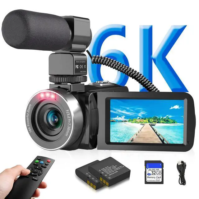 Main image of Video Camera 6K 64MP UHD WiFi Vlogging Cameras for YouTube 18X Digital Zoom IR Night Vision 3.0'' Touch Screen Camcorder with 32GB Card, Microphone, Remote, Two Batteries
