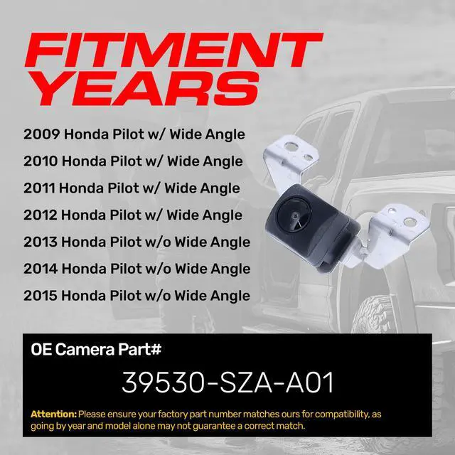 Alt view image 2 of 6 - Replacement for Honda Pilot w/Wide Angle (2009-2012), Pilot w/o Wide Angle (2013-2015) Backup Camera OE Part # 39530-SZA-A01