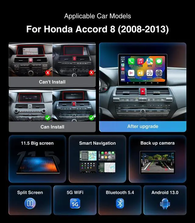 Alt view image 2 of 6 - 11.5 Inch Car Radio Stereo for Honda Accord 8th 2008-2013 Upgrade IPS HD Touch Screen 4+64G Car Radio Wireless CarPlay Android Auto, GPS FM/SWC Bluetooth 1280P Backup Camera