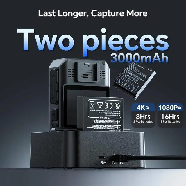 Alt view image 3 of 6 - Body Camera 4K B4K6 with 2PCS 3000mAh Batteries, 128GB Body Cam with GPS Tracking, and Convenient Charging Dock 8-10 Hours Recording for Law Enforcement, Outdoor Adventures
