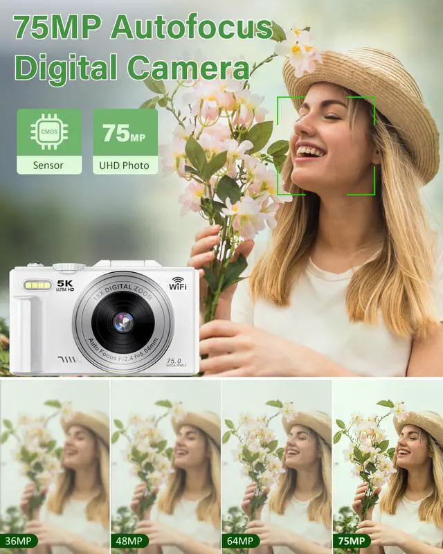 Alt view image 2 of 6 - 5K Digital Camera for Photography, 75MP WiFi Vlogging Camera for YouTube with 3" 180° Flip Screen, 18X Zoom UHD Autofocus Video Camara with 32GB SD Card