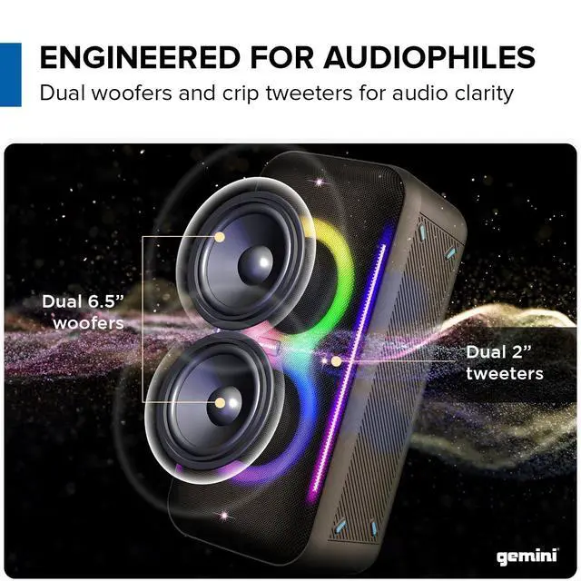 Alt view image 3 of 6 - Gemini Portable Party Speaker, Dual 6.5" Woofers, LED, Mic (GRV-2650L) | Party speaker, dual 6.5" woofers - LED lighting, wireless mic - karaoke FX - Bluetooth, portable