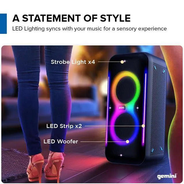 Alt view image 4 of 6 - Gemini Portable Party Speaker, Dual 6.5" Woofers, LED, Mic (GRV-2650L) | Party speaker, dual 6.5" woofers - LED lighting, wireless mic - karaoke FX - Bluetooth, portable