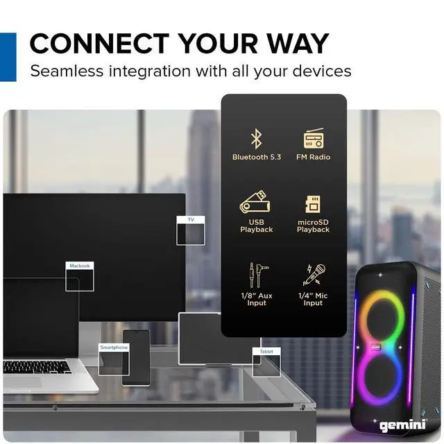 Alt view image 6 of 6 - Gemini Portable Party Speaker, Dual 6.5" Woofers, LED, Mic (GRV-2650L) | Party speaker, dual 6.5" woofers - LED lighting, wireless mic - karaoke FX - Bluetooth, portable