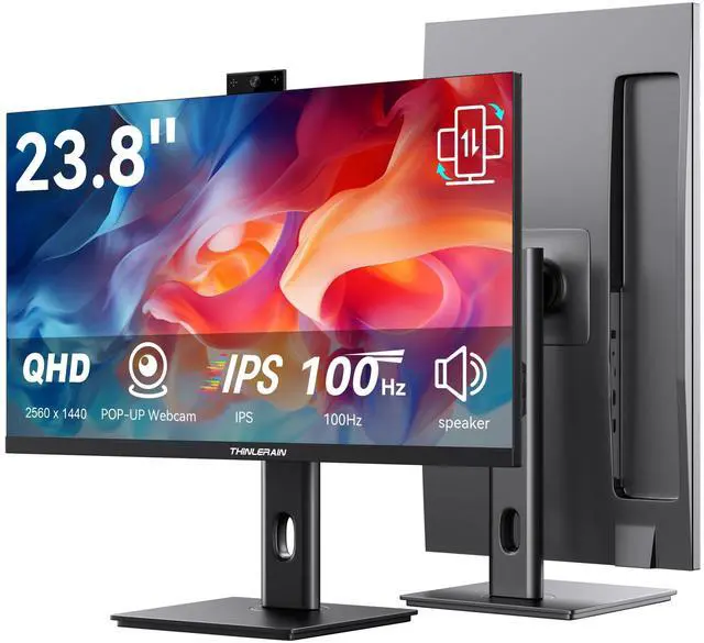 Main image of 23.8 Inch Monitor with Pop-Up Webcam - 2K 2560 x 1440 IPS Computer Monitor, 100Hz Vertical Gaming PC Screen, Built-in 3MP Webcam & Microphone, HDMI, DisplayPort, Display for Office Home