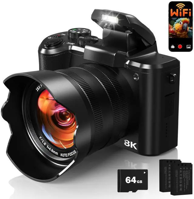 Main image of 8K Digital Cameras for Photography, Autofocus 88MP WiFi Vlogging Camera for YouTube with Selfie Lens, Professional Video Camera with Flash, Touch Screen, Lens Hood, 64GB Card, 2 Batteries