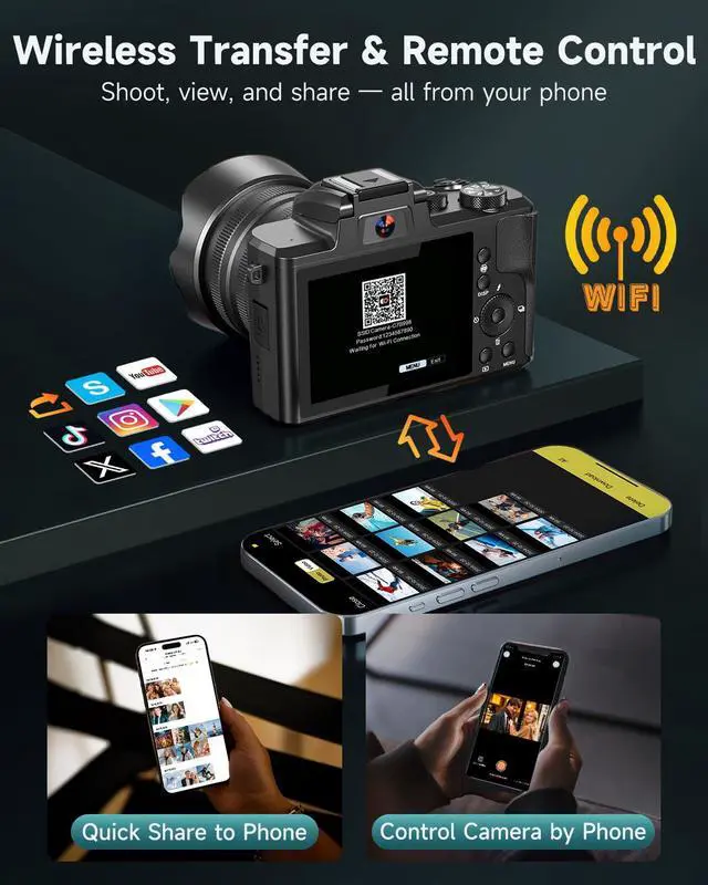 Alt view image 4 of 6 - 8K Digital Cameras for Photography, Autofocus 88MP WiFi Vlogging Camera for YouTube with Selfie Lens, Professional Video Camera with Flash, Touch Screen, Lens Hood, 64GB Card, 2 Batteries