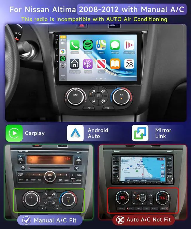 Alt view image 2 of 6 - 4G+64G Car Radio Stereo for Nissan Altima 2008-2012 (Manual A/C), 9" IPS Touch Screen/Android 15/Wireless CarPlay/Android Auto/32 EQ/GPS/WiFi/5.0Bluetooth/FM/RDS/SWC/AHD Camera