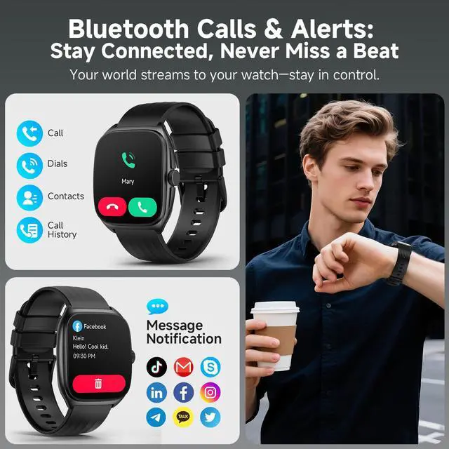 Alt view image 4 of 6 - Smart Watch with SOS, 1.85" AMOLED Display Fitness Tracker, Heart Rate Blood Oxygen Sleep Monitor for Men Women, IP68 Waterproof Sport Watch, Answer/Make Calls, Compatible with Android iPhone