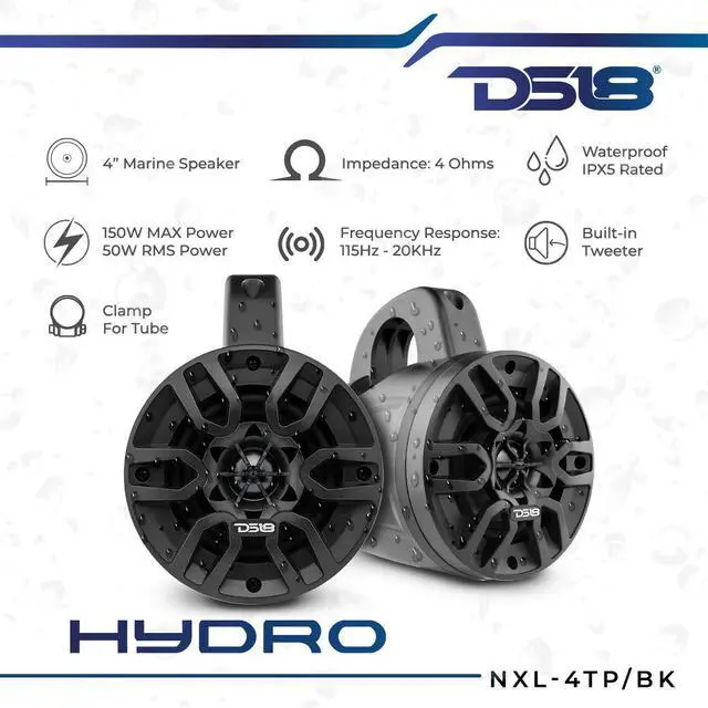 Alt view image 2 of 6 - Hydro NXL-4TP/BK Black Marine Tower Speaker 4", 2-Way, 150W Max, 50W RMS, 100% UV Stable, IPX5 Marine, 4 Ohms - for All Elements, UTV, ATV & Jeeps (Pair)