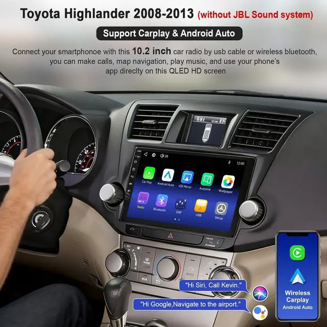 Alt view image 3 of 6 - Car Radio Stereo for Toyota Highlander 2008-2013 (Without JBL Sound System), Support Wireless Carplay/Android Auto/Mirrorlink, 10.2 Inch QLED Touchscreen with Bluetooth,FM Radio