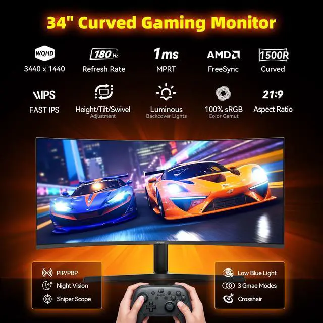 Alt view image 2 of 6 - 34 Inch Ultrawide Gaming Monitor - 21:9 WQHD 3440 x 1440 R1500 Curved Computer Monitor for Gamer, 180Hz,1ms, AMD FreeSync, PIP/PBP, Crosshair, TÜV Eye Care, HDMI 2.0 & DP1.4, Tilt/Height/Swivel Stand