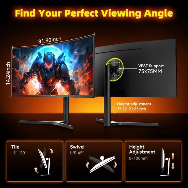 Alt view image 5 of 6 - 34 Inch Ultrawide Gaming Monitor - 21:9 WQHD 3440 x 1440 R1500 Curved Computer Monitor for Gamer, 180Hz,1ms, AMD FreeSync, PIP/PBP, Crosshair, TÜV Eye Care, HDMI 2.0 & DP1.4, Tilt/Height/Swivel Stand