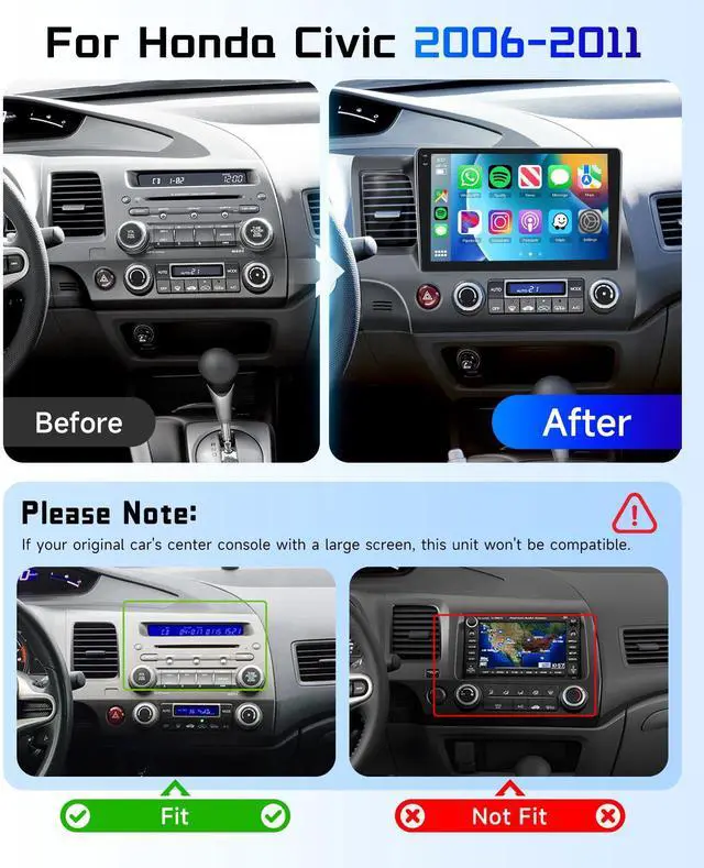 Alt view image 2 of 6 - 4G+128G Car Radio for Honda Civic 2006-2011 Stereo, 10.1 inch HD in-Cell Touch Screen/Android 15/Wireless CarPlay/Android Auto/GPS/WiFi/5.0Bluetooth/FM/RDS/SWC/AHD Backup Camera