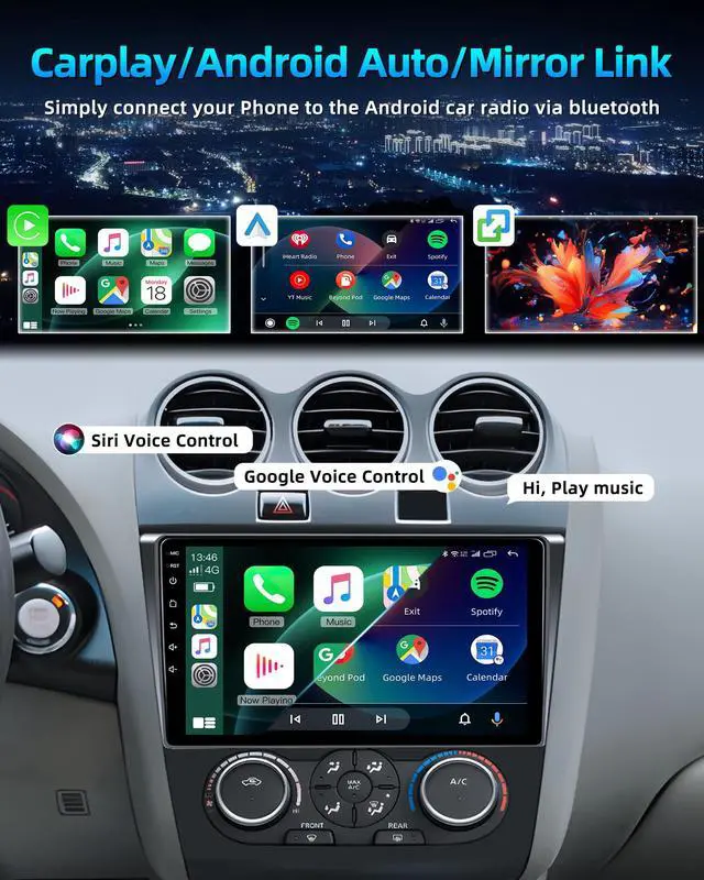 Alt view image 2 of 6 - 8 Core 32G ROM Car Radio for Nissan Altima 2007-2012: Android 13 Stereo With 5G WIFI Wireless CarPlay Android Auto Backup Camera 1280 * 800 HD Touchscreen Bluetooth GPS SWC FM Mirror Link (Manual A/C)
