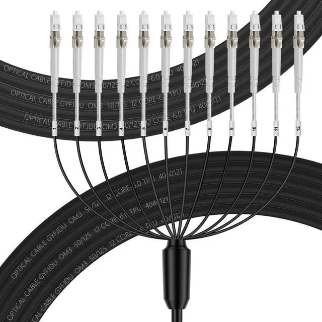Main image of OM3 LC to LC 12 Strands Outdoor Armored Fiber Patch Cable, Direct Burial, 12 Core Fiber Optic Cable, Multimode Industrial TPU, 10GB/40GB 50/125um MMF, OD-5mm,15m/49ft