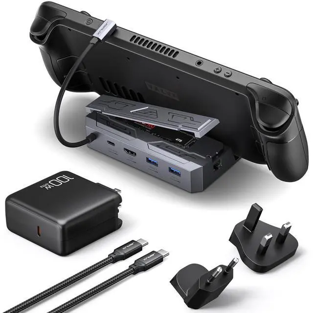 Main image of Steam Deck Dock with 100W Charger, 6-in-1 M.2 Docking Station for Steam Deck/ROG Ally, 4K@60Hz HDMI, Gigabit Ethernet, PD 100W, 10Gbps USB A&C 3.2, M.2 Slot (Up to 2TB)-HB0604 (SSD Not Included)
