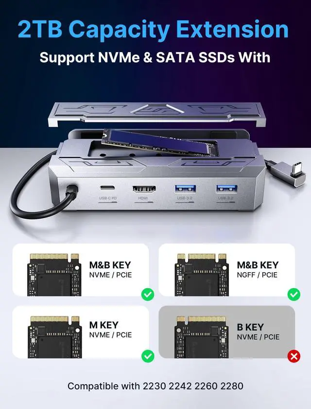 Alt view image 3 of 6 - Steam Deck Dock with 100W Charger, 6-in-1 M.2 Docking Station for Steam Deck/ROG Ally, 4K@60Hz HDMI, Gigabit Ethernet, PD 100W, 10Gbps USB A&C 3.2, M.2 Slot (Up to 2TB)-HB0604 (SSD Not Included)