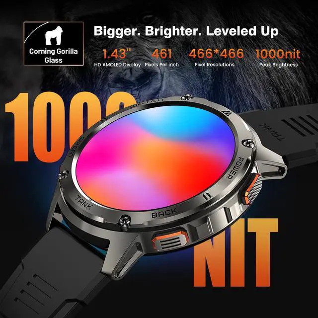 Alt view image 3 of 6 - Smart Watch for Men, 60 Days Extra-Long Battery, 50M Waterproof for Swimming, Rugged Military Full Metal Body Smartwatch, 1.43 AMOLED Always-On Fitness Watch(Answer/Make Calls) AI Voice