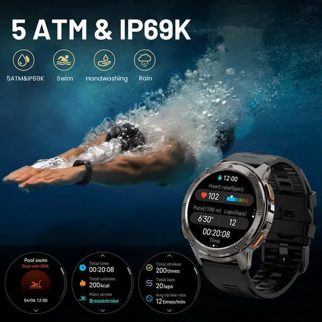 Alt view image 4 of 6 - Smart Watch for Men, 60 Days Extra-Long Battery, 50M Waterproof for Swimming, Rugged Military Full Metal Body Smartwatch, 1.43 AMOLED Always-On Fitness Watch(Answer/Make Calls) AI Voice