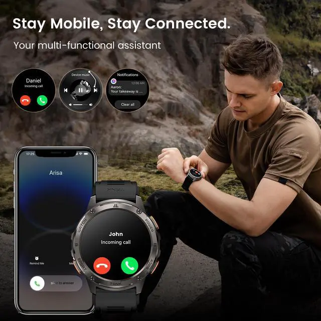 Alt view image 5 of 6 - Smart Watch for Men, 60 Days Extra-Long Battery, 50M Waterproof for Swimming, Rugged Military Full Metal Body Smartwatch, 1.43 AMOLED Always-On Fitness Watch(Answer/Make Calls) AI Voice
