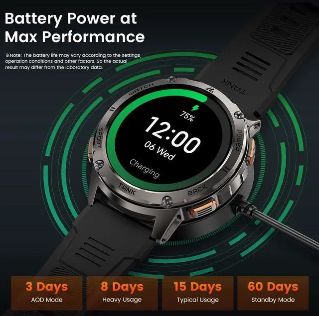 Alt view image 6 of 6 - Smart Watch for Men, 60 Days Extra-Long Battery, 50M Waterproof for Swimming, Rugged Military Full Metal Body Smartwatch, 1.43 AMOLED Always-On Fitness Watch(Answer/Make Calls) AI Voice
