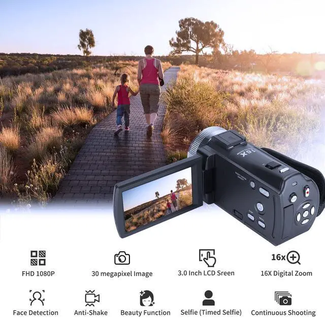 Alt view image 2 of 6 - HDV-V12 Video Camera Full HD Camcorder Digital Recorder | 1080P 30FPS 30MP | 3.0 Inch Rotation LCD | 16X Digital Zoom | Infrared Night Vision - Black (V12+16GB Card)