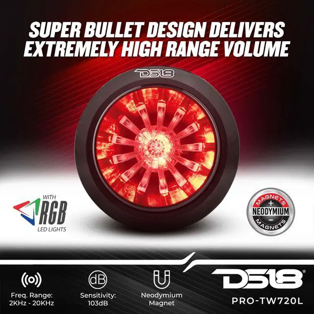 Alt view image 3 of 6 - PRO-TW720L 2.28" Shallow High Compression Neodymium Super Bullet Tweeter 280 Watts 1" Aluminum Voice Coil 4-Ohm with RGB LED Lights
