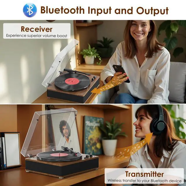 Alt view image 2 of 6 - Vinyl Record Player Bluetooth Turntable 3 Speed Full-Size Platter with Bluetooth Input/Output, Built-in Speakers, Counterweight & Auto-Stop with RCA/AUX Out, Tan