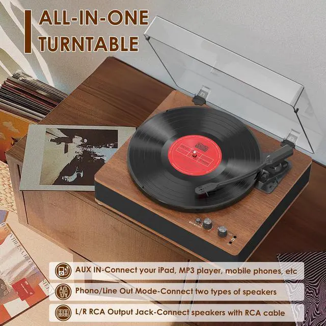 Alt view image 3 of 6 - Vinyl Record Player Bluetooth Turntable 3 Speed Full-Size Platter with Bluetooth Input/Output, Built-in Speakers, Counterweight & Auto-Stop with RCA/AUX Out, Tan