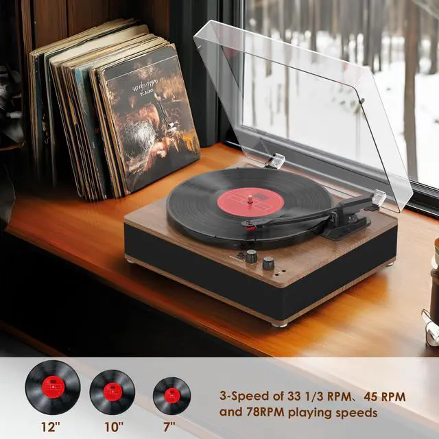 Alt view image 4 of 6 - Vinyl Record Player Bluetooth Turntable 3 Speed Full-Size Platter with Bluetooth Input/Output, Built-in Speakers, Counterweight & Auto-Stop with RCA/AUX Out, Tan
