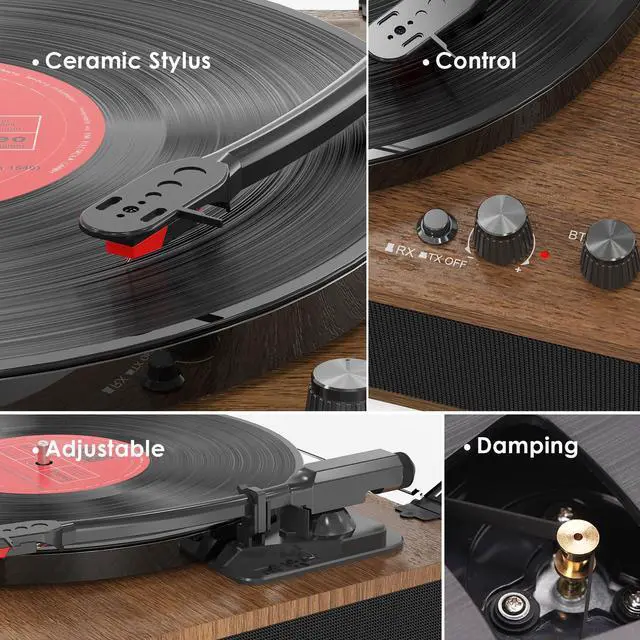 Alt view image 6 of 6 - Vinyl Record Player Bluetooth Turntable 3 Speed Full-Size Platter with Bluetooth Input/Output, Built-in Speakers, Counterweight & Auto-Stop with RCA/AUX Out, Tan