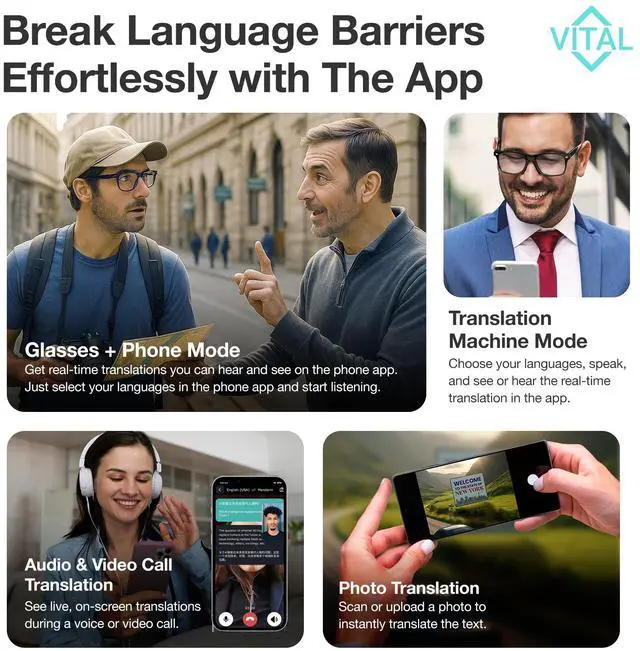 Alt view image 4 of 6 - Vital Smart Glasses for Men AI Translation Open-Ear Bluetooth 5.3 Audio, 164-Language Translator in Phone App Vital Smart Glasses for Women UV400 Blue-Light Blocker Voice-Assistant Eyewear AI Glass
