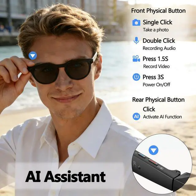 Alt view image 3 of 6 - AI Smart Glasses with 8MP Camera, AI Translation & Voice Assistant, GPT Object Recognition,Bluetooth Audio & Call, WiFi PhotoTransfer IP65 Waterproof 290mAh Long Battery for Travel Sports Outdoor