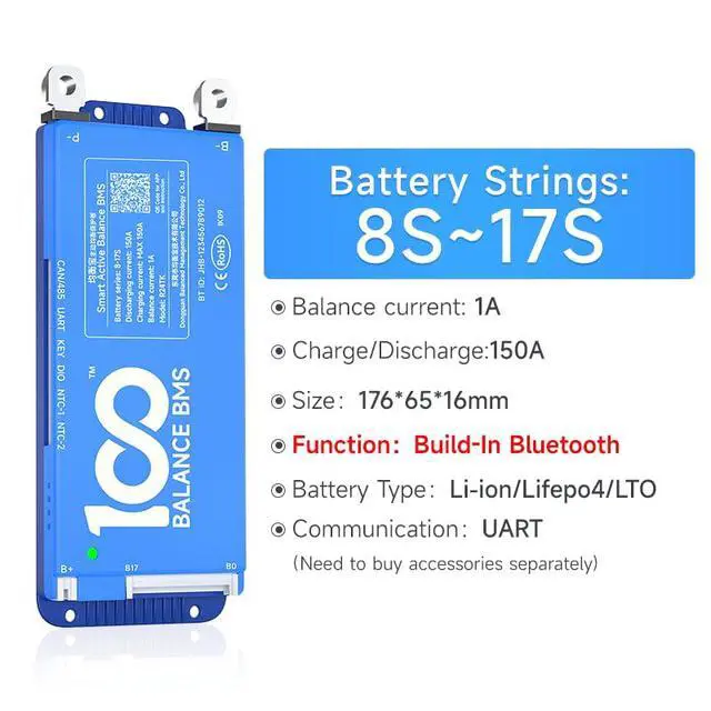 Alt view image 2 of 6 - 100BALANCE BMS 150A Active Balance 1A 8S-24S Build in Bluetooth Cell Balancing Smart PCB Battery Protection Board for Li-ion/Lifpo4/LTO Lithium Battery Pack