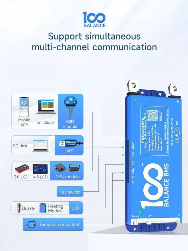 Alt view image 3 of 6 - 100BALANCE BMS 150A Active Balance 1A 8S-24S Build in Bluetooth Cell Balancing Smart PCB Battery Protection Board for Li-ion/Lifpo4/LTO Lithium Battery Pack